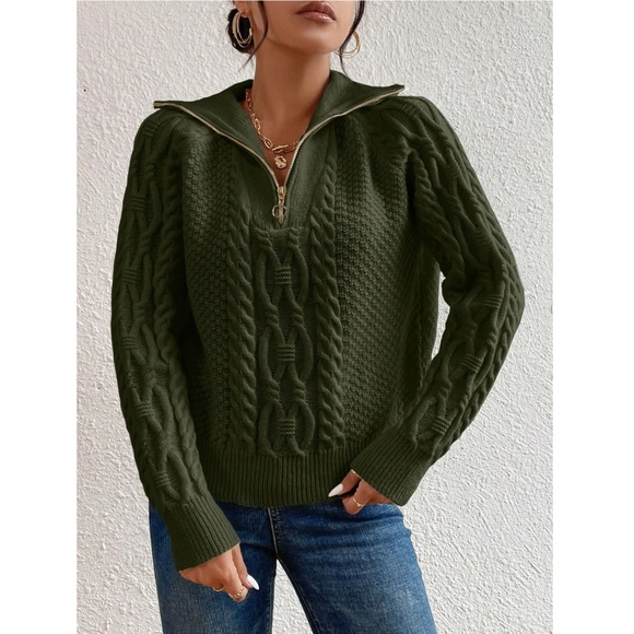 Army Green Cable Knit Zip Detail Pullover Sweater - Picture 6 of 7